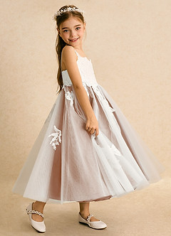 Azazie Coraline Sukienki dla dziewczynek sypiących kwiaty Linia A Koronka Sznurówka Długość kostki Sukienka image5