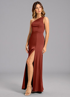 Azazie Phaedra Bridesmaid Dresses Terracotta A-Line One Shoulder Stretch Satin Dress image3