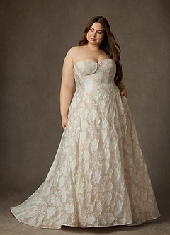 Azazie Meadow Wedding Dresses Diamond White Champagne Ball-Gown Strapless Floral Burnout Jacquard Dress image12