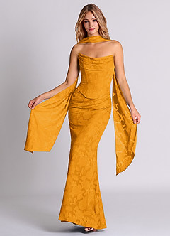 Azazie Sorrel Abiti da Damigella Abito Convertibile Sirena in Burnout Floreale Corsetto Caramello image1