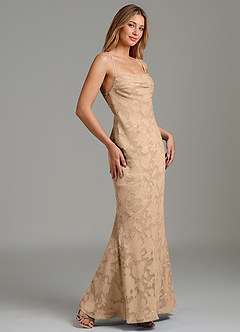 Azazie Ola Bridesmaid Dresses Champagne Mermaid Corset Floral Burnout Dress image3