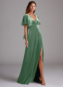 Azazie Kimber Bridesmaid Dresses Eucalyptus A-Line with Pockets Velvet Dress image3