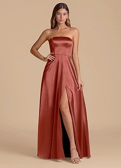 Azazie Wren 신부 들러리 드레스 A라인 스트랩리스 메탈릭 새틴 바닥 길이 드레스 image1