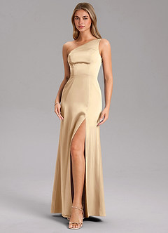 Azazie Feby Jurken voor bruidsmeisjes Jurk van Stretch Satijn met A-Lijn One-Shoulder Champagne image6