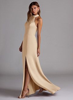 Azazie Myra Bridesmaid Dresses Champagne A-Line Side Slit Stretch Satin Dress image5