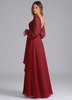 Azazie Liah Bridesmaid Dresses Pomegranate A-Line Long Sleeve Chiffon Dress image2