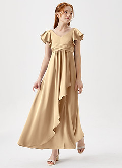 Azazie Omari Junior Champagne A-Line Pleated Stretch Satin Dress image1