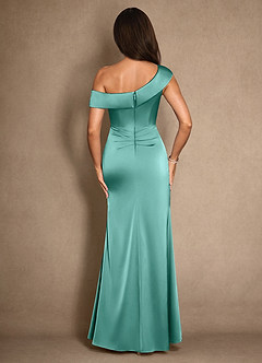 Azazie Hamptons Mother of the Bride Dresses Aqua A-Line Pleated Stretch Satin Dress image2