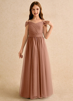 Azazie Yuna Girls Formal Abiti da Ragazza di Fiori Abito A-Line in Tulle Spalle Scoperte Bronzo image6