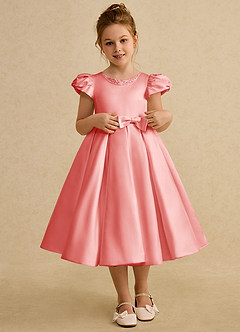 Azazie Pearl Flower Girl Dresses Coral Ball-Gown Pleated Matte Satin Dress image1