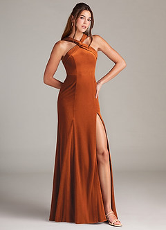 Azazie Rue Bridesmaid Dresses Burnt Orange A-Line Pleated Velvet Dress image4