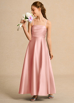 Azazie Pebbles Girl Jurken voor bloemenmeisjes A-Lijn Jurk van Mat Satijn Geplooid Rozet image5