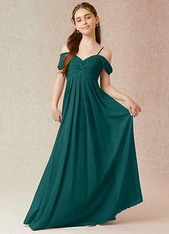 Azazie Kaitlynn Junior Abito A-Line in Chiffon a Spalla Scoperta Verde Pavone image1