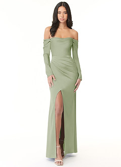 Azazie Hallie Bridesmaid Dresses Dusty Sage Sheath Off-The-Shoulder Long Sleeve Stretch Satin Convertible Dress image3