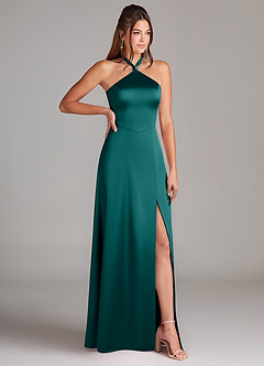 Azazie Elliana Bridesmaid Dresses Peacock A-Line Side Slit Stretch Satin Dress image3