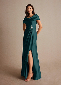 Azazie Branford Mother of the Bride Dresses Pine A-Line Pleated Stretch Satin Dress image8
