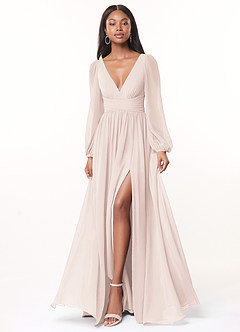 Azazie Norah Bridesmaid Dresses Rose Petal A-Line V-Neck Long Sleeve Chiffon Dress image1