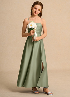 Azazie Pebbles Girls Formal Blumenmädchenkleider A-Linie Plissee Matte Satin Kleid Pistazie image6