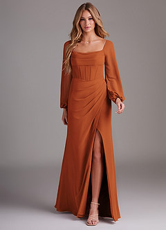 Azazie Charissa Bridesmaid Dresses Cinnamon Sheath Long Sleeve Chiffon Dress image3