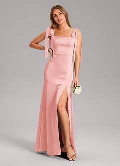 Azazie Frostine Bridesmaid Dresses Powder Pink A-Line Bow Stretch Satin Dress image7