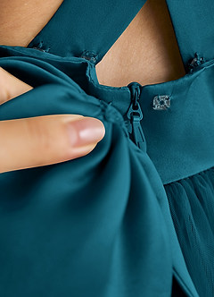 Azazie Peanut Robe Demoiselle D'honneur Fillette Robe Trapèze en Tulle Bretelle Bleu Encre image6