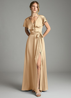 Azazie Lainey Bridesmaid Dresses Champagne A-Line with Pockets Stretch Satin Dress image3