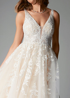 Azazie Sorella At-home Try On Dresses Diamond White Champagne A-Line V-Neck Sequins Tulle Dress image6