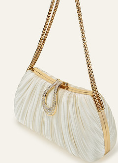 front Matching Color Crystal Buckle Pleated Satin Clutch Bag
