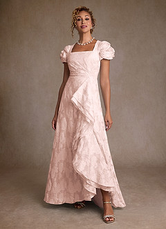 Azazie Hermina Light Pink Jacquard A-Line Pleated Floral Jacquard