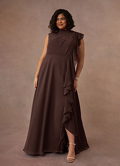 Azazie Narine vestidos de madre de la novia Vestido de Ganache de Gasa de Corte en A con Cuello alto plisado image7