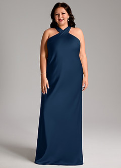 Azazie Doretta Bridesmaid Dresses Dark Navy Mermaid Pleated Stretch Satin Dress image1