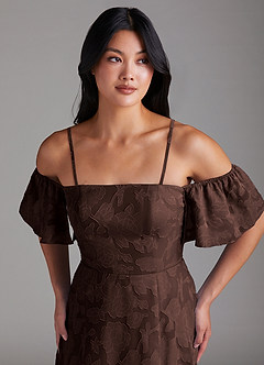 Azazie Sue Vestidos de madrinha de casamento Vestido Ganache de Esgotamento Floral de Linha A com Fora do ombro image2