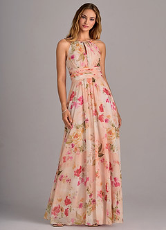 Azazie Bonnie Robes de demoiselle d'honneur Robe Trapèze en Mousseline de soie Trou de serrure froncé Bouquet Florale Abstrait image3
