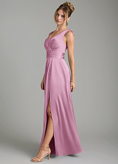 Azazie Karina Bridesmaid Dresses Candy Pink A-Line Pleated Stretch Satin Dress image3