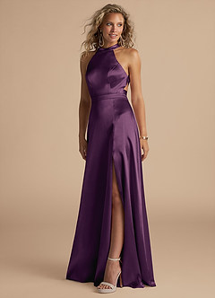 Azazie Clarice Bridesmaid Dresses Plum A-Line High Neck Metallic Satin Dress image1