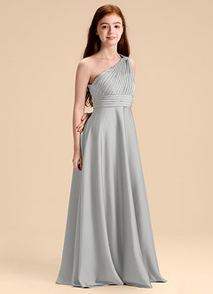 Azazie Charlize Junior Vestido de Plata de Satén Elástico de Corte en A con Plisado image3