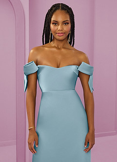 Barbie ♥ Azazie Bridesmaid Dresses Moody Blue Sheath Off the Shoulder Stretch Satin Convertible Dress image5