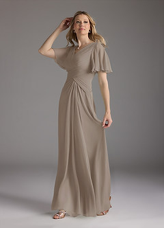 Azazie Morning Glory Mother of the Bride Dresses Taupe A-Line V-Neck Ruched Chiffon Dress image4