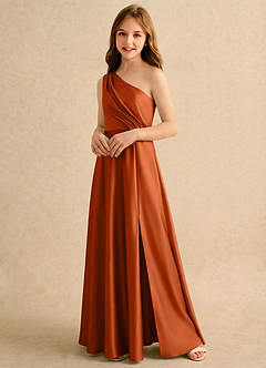Azazie Puddles Girls Formal Flower Girl Dresses Burnt Orange A-Line One Shoulder Stretch Satin Dress image4