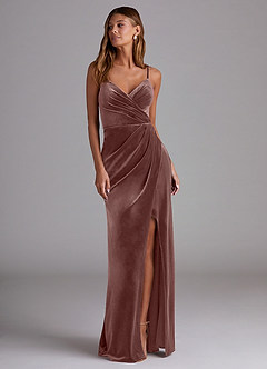 Azazie Maci Bridesmaid Dresses Espresso Sheath Pleated Velvet Dress image4