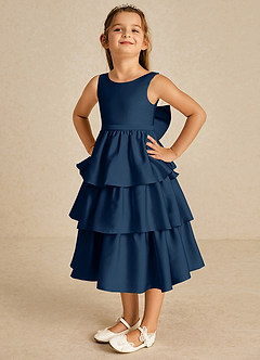 Azazie Margery Flower Girl Dresses Dark Navy A-Line Bow Stretch Satin Dress image3
