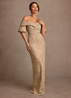 Azazie Golda Mother of the Bride Dresses Champagne Sheath Off the Shoulder Floral Burnout Dress image3