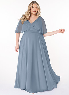 Azazie Pamela Bridesmaid Dresses Dusty Blue A-Line V-Neck Pleated Chiffon Dress image3