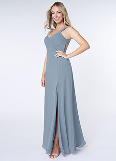Azazie Nahrin Bridesmaid Dresses Dusty Blue A-Line V-Neck Pleated Chiffon Dress image3