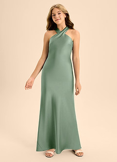 Azazie Doretta Junior Matcha A-Line Pleated Stretch Satin Dress image4
