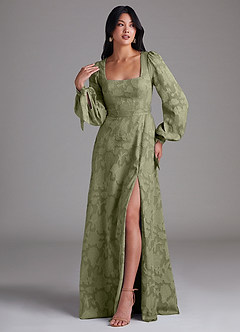 Azazie Leonia Vestidos de damas de honor Vestido de Pistacho de Devorado Floral de Corte en A con Manga larga image4