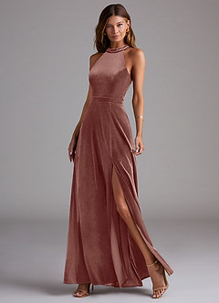 Azazie Clarice Final Sale Rustic Rose A-Line High Neck Velvet Dress image3