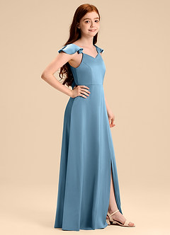 Azazie Everett Junior Steel Blue A-Line Bow Stretch Satin Dress image3