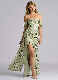 Azazie Amyra Vestidos de damas de honor Vestido de Enredaderas Florales de Satén Elástico de Corte Sirena Convertible con Vestidos sin tirantes image1