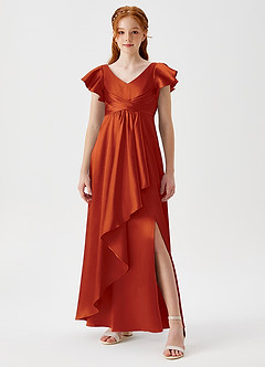 Azazie Omari Junior Paprika A-Line Pleated Metallic Satin Dress image7